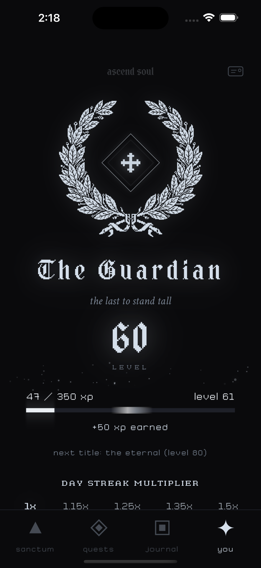 Ascend Soul The Guardian title at level 60.